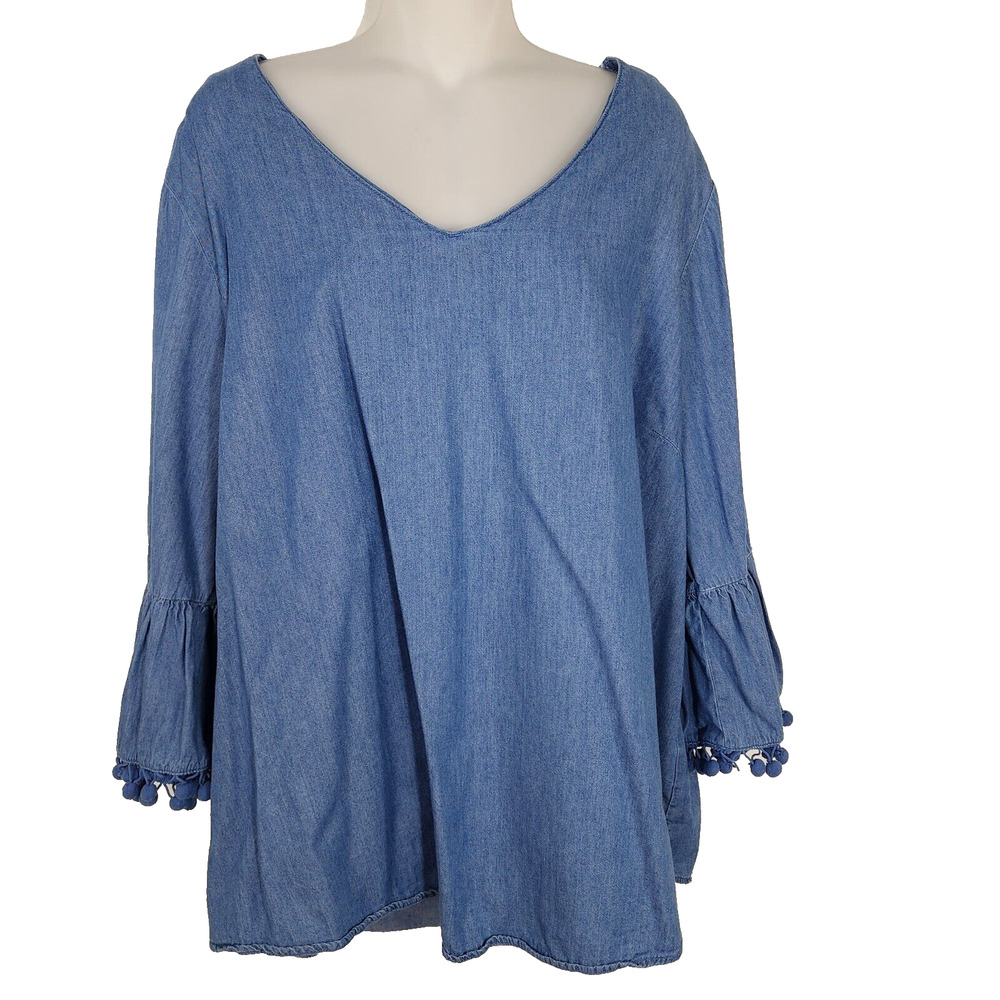 Hester & Orchard Top Womens Size 1X Denim Chambray 3/4 Pom Pom Bell Sleeve Boho